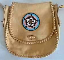  Vintage Genuine Native American Indian Leather Purse Beaded Detail Whipstitch