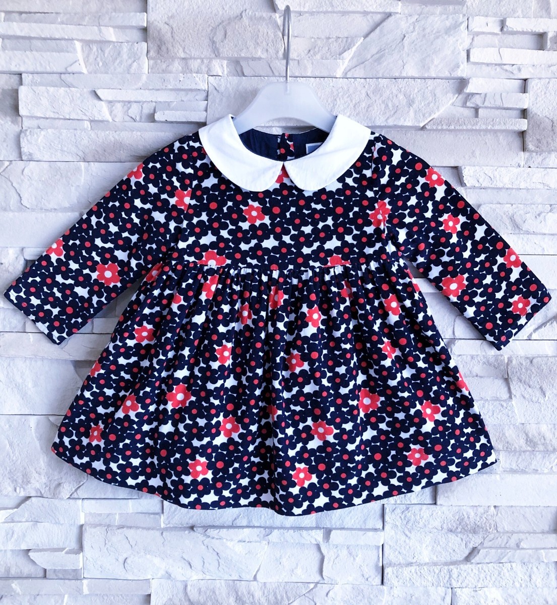 JACADI ROBE BÉBÉ FILLE VELOURS FINES CÔTES MOTIF FLEURS COL