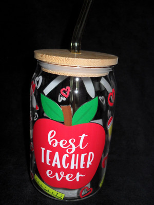 Best Teacher Ever Geschenk 16 Unzen Libbey Glasdose mit Bambusdeckel und Strohhalm