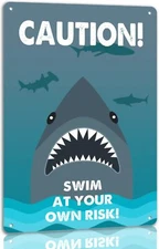 Caution Swim At Your Own Risk Metal Sign Shark Tin Sign Funny Swimming Pool Sign