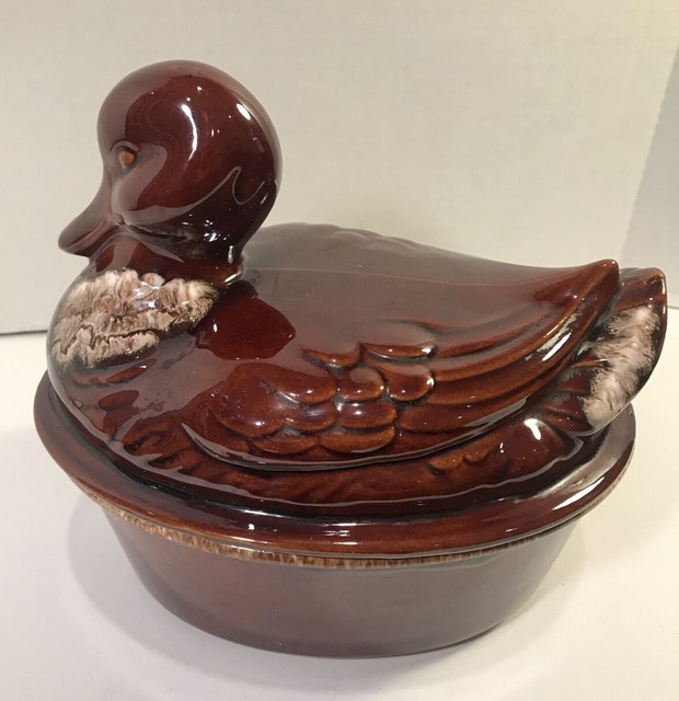 Vintage Hull Pottery Ceramic Brown Glazed Duck Casserole Covered Dish