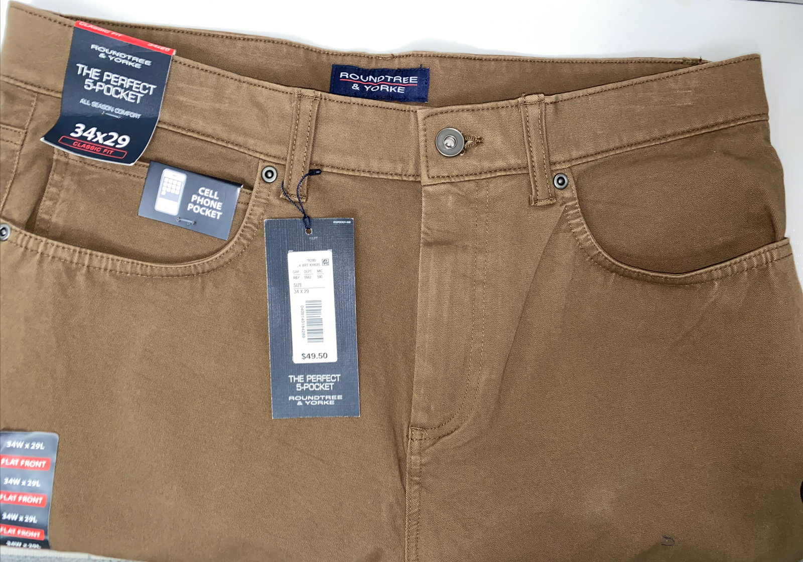 NEW Roundtree & Yorke Men's CLASSIC Fit 5Pocket Pants 34x29 Brown FLAT