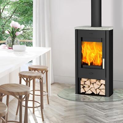 Fireplace Tuvalu Kaminofen Stahl Schwarz Topplatte Speckstein 6 kW Holzfach