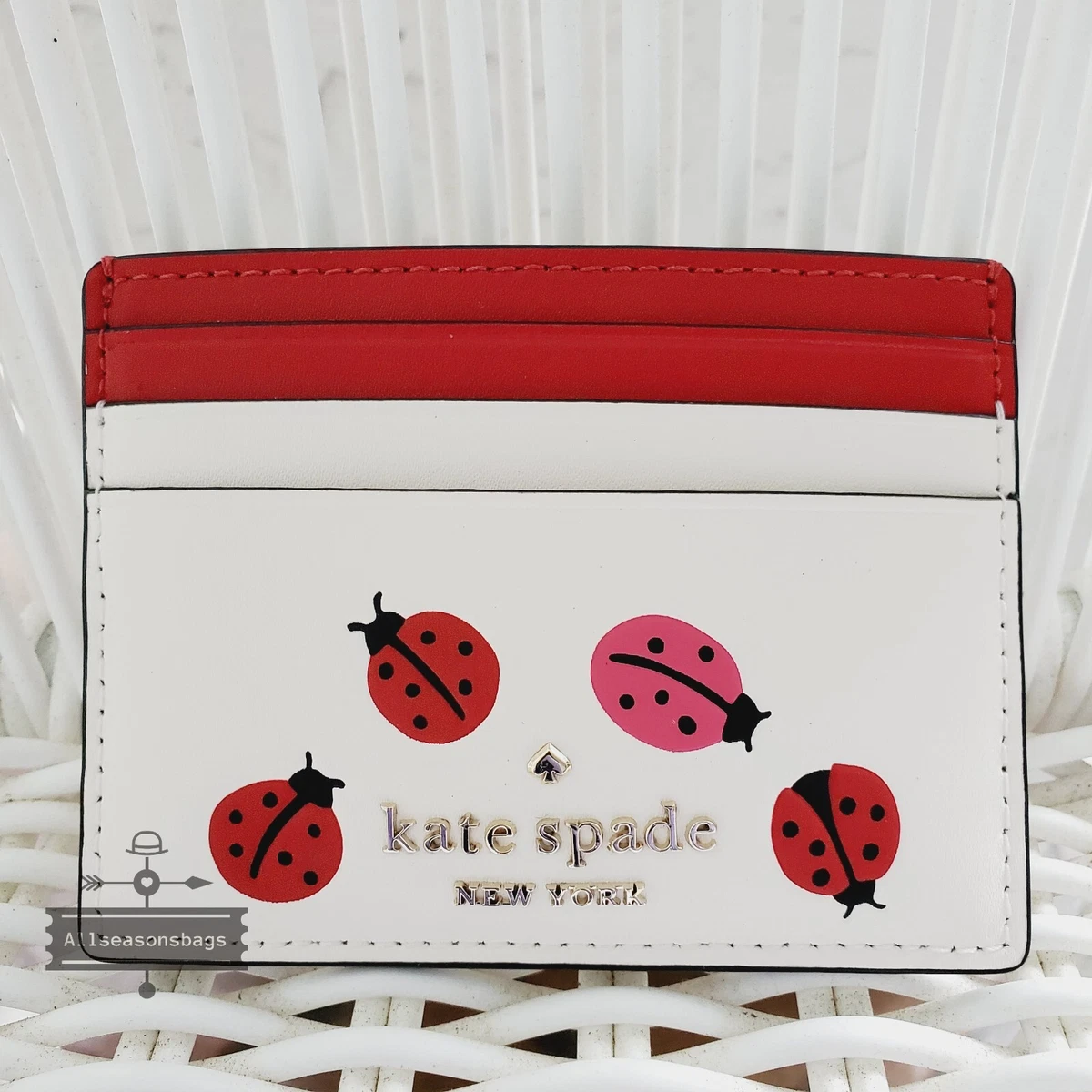 Kate Spade Staci Large Slim Ladybug Card Holder New DOTTIE AUTHENTIC Red  White