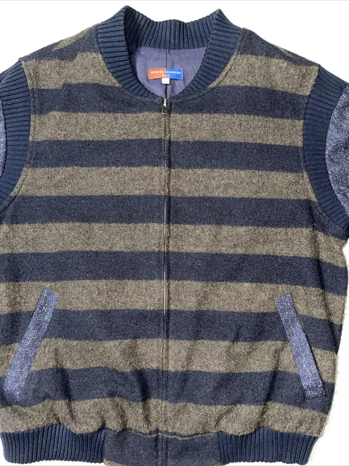 Preowned- Opening Ceremony Full Zip Striped Wool Bomber Jacket Mens (Size L) - Image 3 of 4