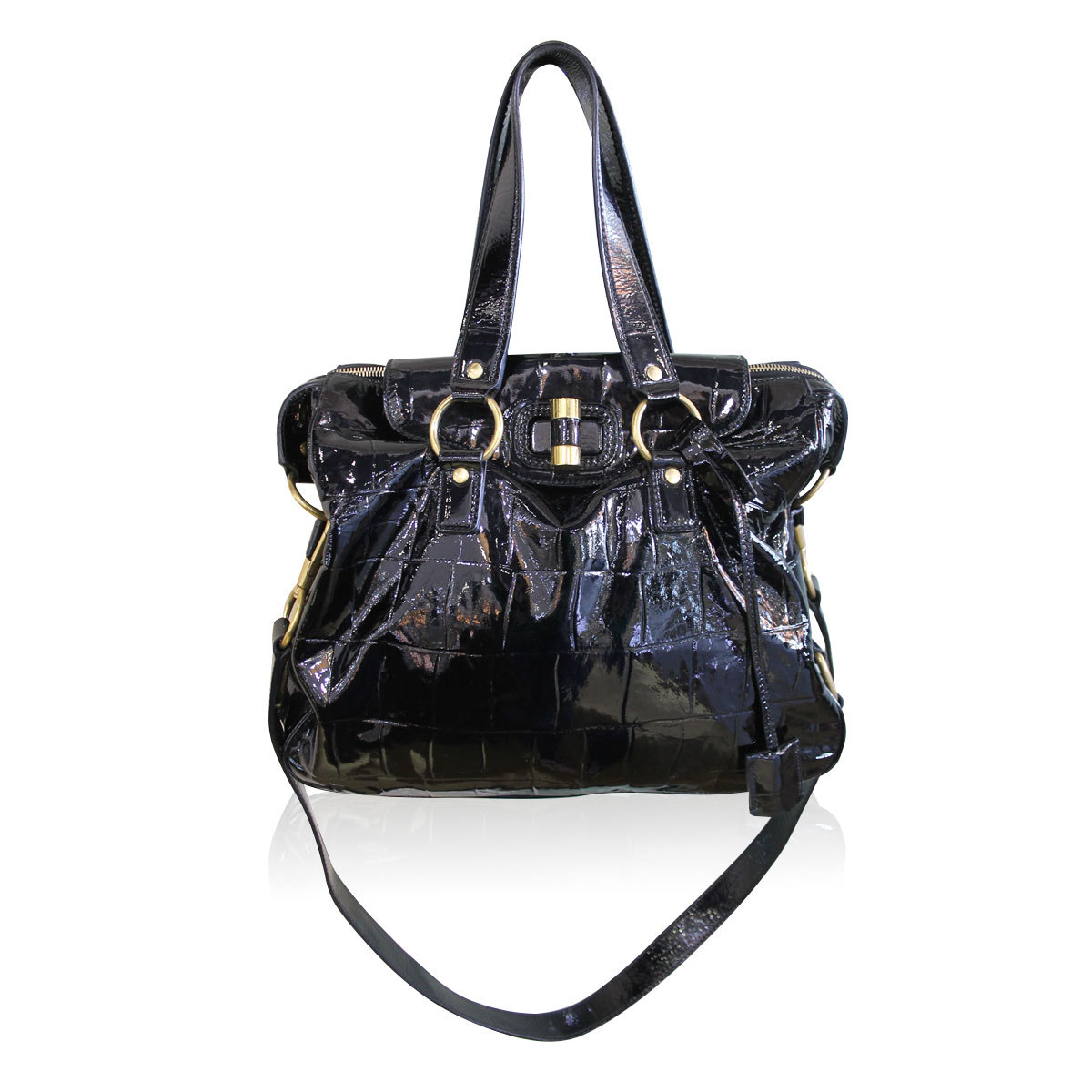 YSL Yves Saint Laurent Patent Black Gold Muse Handbag Shoulder Bag 