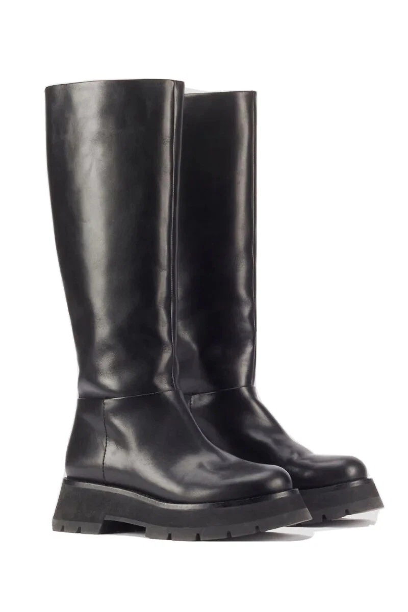 3.1 Phillip Lim Kate Lug-Sole Leather Tube Boots Black Size 38.5