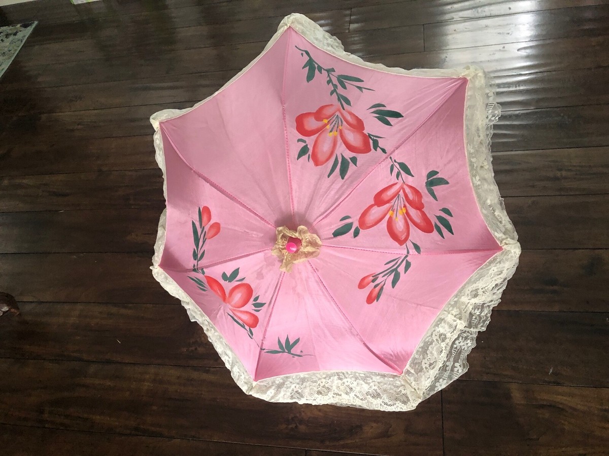 Vintage Lace Umbrella Hair Clips Japan Vintage JAPAN SILK Pink Parasol Umbrella Flowers Lace w  main image 4