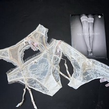 Victoria's Secret S,M THONG panty GARTER belt BEIGE WHITE I DO BRIDE EMBROIDERY