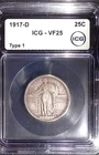 1917-D Denver Type 1 Standing Liberty Quarter 25c ICG VF25