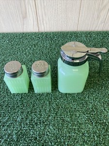 Jadeite Green Glass Syrup Dispenser And Salt & Pepper Shaker (OKEB-03-046)