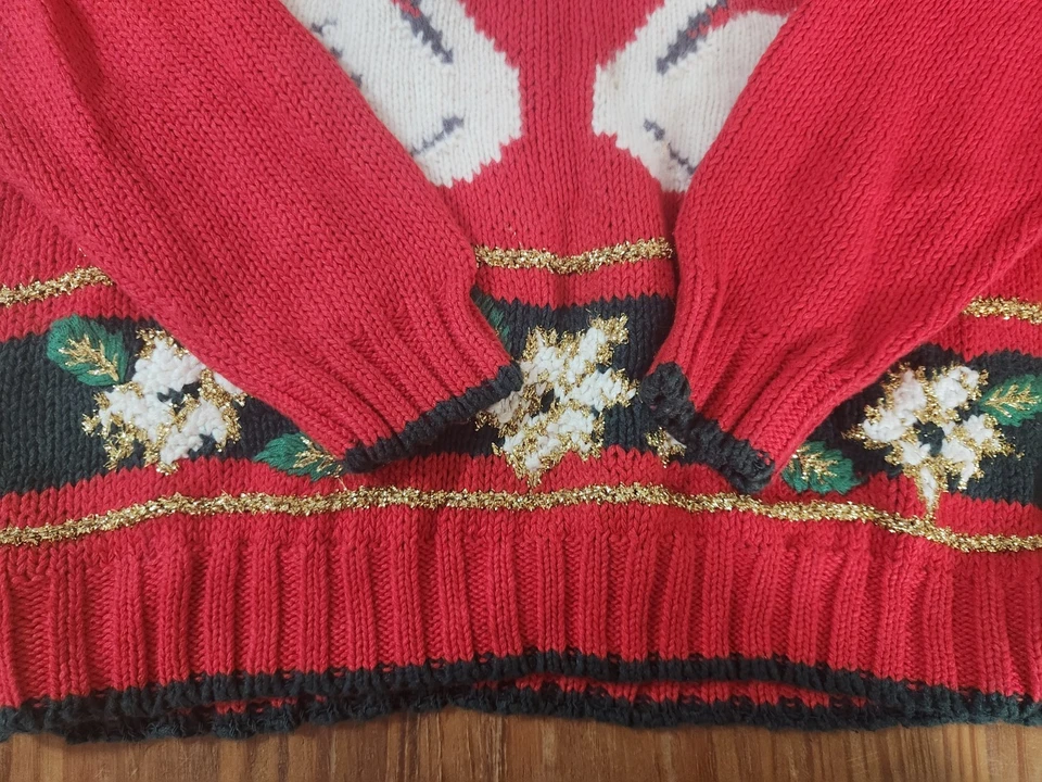 Casual Corner Christmas Swan Sweater Large Gold Metallic Bow Poinsettia Vintage - Image 4 of 4