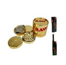 raw ethereal grinder stainless steel gold 60mm + RAW PHOENIX extendo lighter