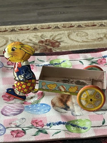 J Chein & Co Vintage 1950s Easter Bunny Rabbit Pulling Cart Tin Litho ~ Toy 11"