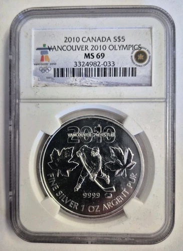 2010 Canada S$5 Vancouver Olympics Hockey 2010 Silver Coin NGC MS69