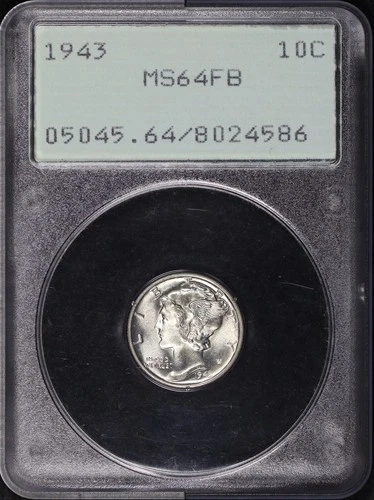 1943 Mercury Dime PCGS MS-64 FB Old Green Rattler Holder