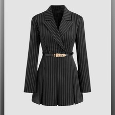 Cider STRIPED SPLIT BUTTON BLAZER MINI DRESS WITH BELT L AR3-14