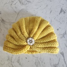 Baby Knit Turban Headwrap Pearl Rhinestone Winter Ear Warmer Yellow
