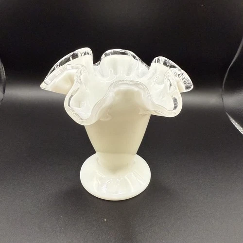 Vintage Fenton Silver Crest White Pedestal Vase Ruffled Edge Milk Glass