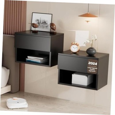 Floating Nightstand, Modern Wall Mounted Bedside Table with Set of 2 Black Ui1
