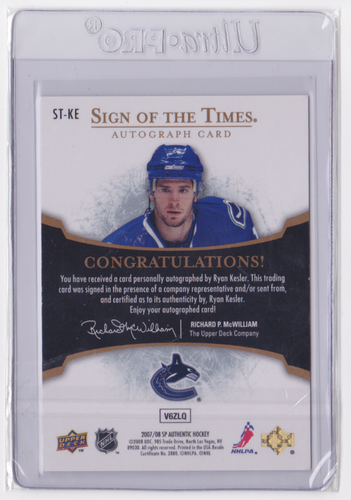 2007-08 UD SP AUTHENTIC SIGN OF THE TIMES RYAN KESLER #ST-KE VANCOUVER CANUCKS - Picture 2 of 2