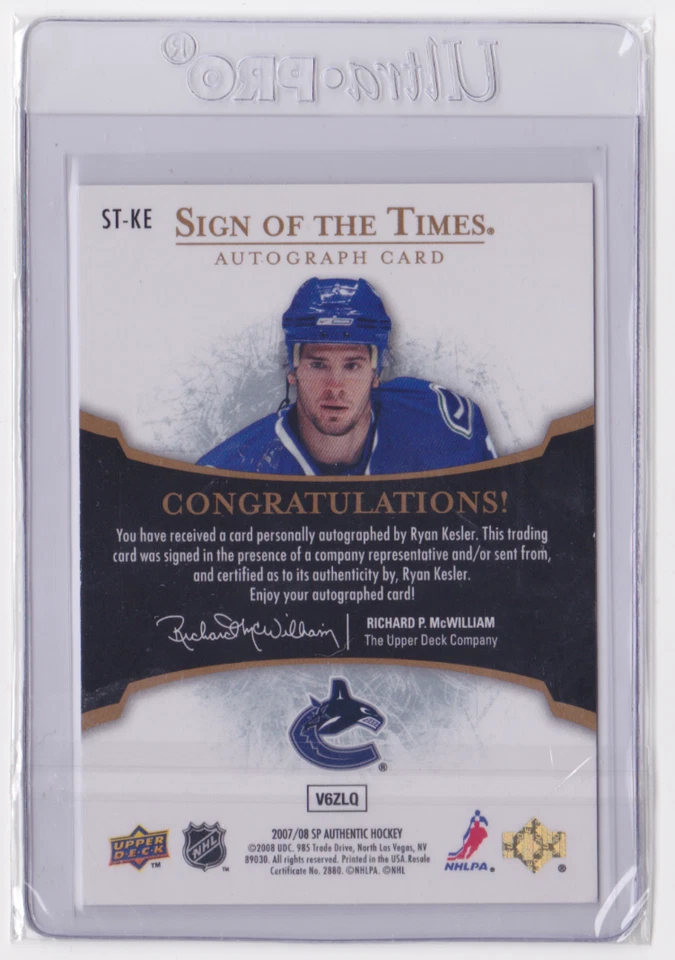 2007-08 UD SP AUTHENTIC SIGN OF THE TIMES RYAN KESLER #ST-KE VANCOUVER CANUCKS - Image 2 of 2