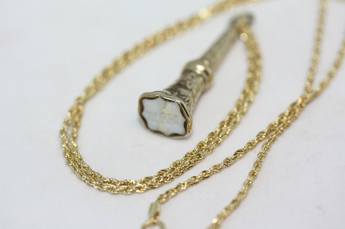 Antique 1900's 9K Gold Agate Stamp Fob Pendant 10K Solid Gold Women Necklace 18" - Picture 10 of 12