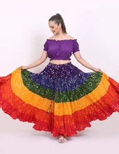 25 Yard 4 Tier Jaipuri Cotton Belly Dance Multi Color Polka Dot Long Maxi Skirt