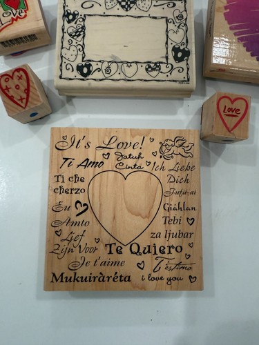 12 timbri gomma vintage anni 90 cuori montati su legno, pacchetto amore San Valentino romanticismo - Foto 6 di 10