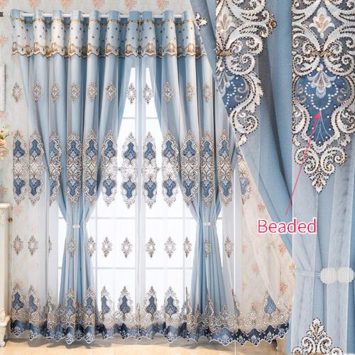 2 Panels Beaded Embroidered European Curtain Blackout Sheer Drapes Valance Layer - Picture 1 of 15
