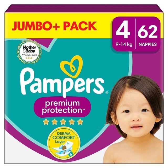 Pampers Premium Protection Nappies, Size (9-14kg) Jumbo+ Pack 62