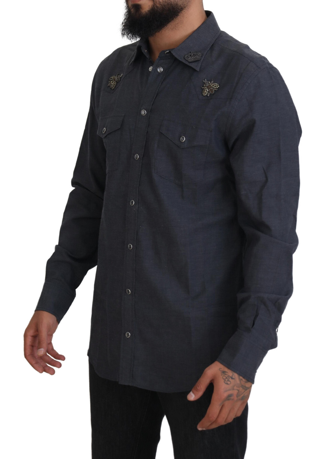 DOLCE & GABBANA Shirt Blue Cotton Denim Crystal Bee IT39/US15.5/S RRP 900usd image 2