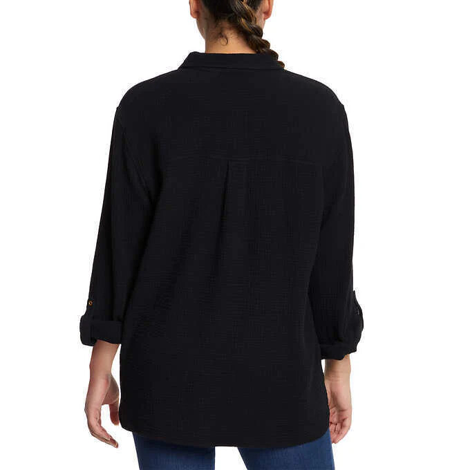 Anne Klein Jeans Women's Gauze Roll Tab Sleeve Gold Button