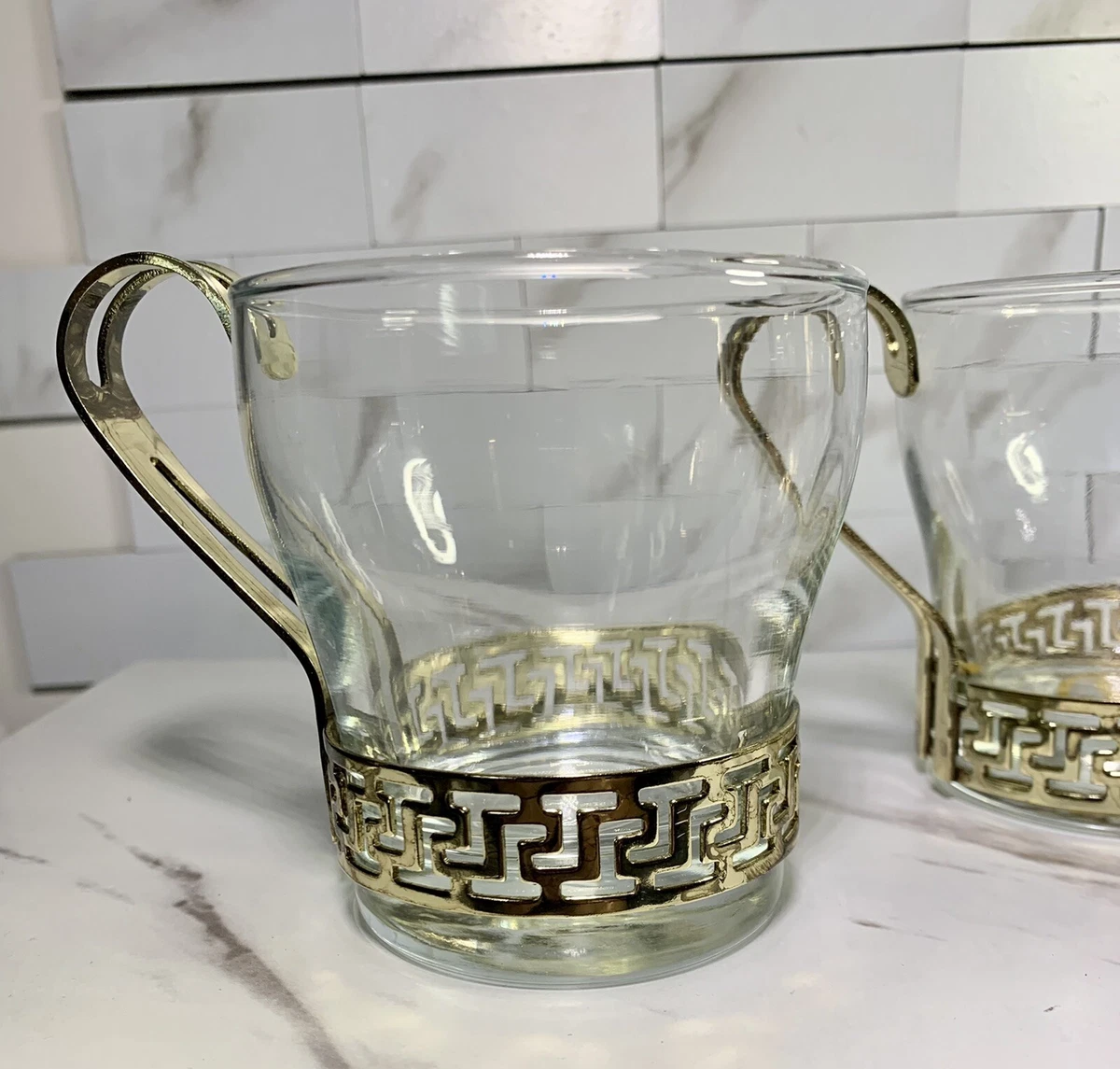 Vintage Libbey Glass Gold Greek Key Metal Holders Continental Coffee Cups Set 4