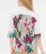 Chico's Tropical Floral Pleat Back Top 2 Mixed Media Lightweight Boho Resort