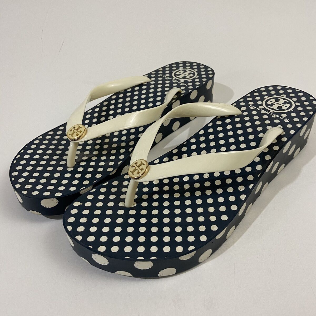 Tory Burch Thandie Wedge Flip-Flop Thong Sandals Navy White Tory Burch Thandie Wedge Flip-Flop Thong Sandals Navy White