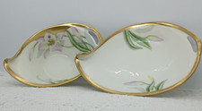 Bavaria Numbered Signed Doufreux Set Rim Handled Relish Dishes Lilies Gold Trim