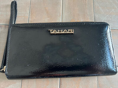 Tahari Wristlet Organizer Zip Around Black Wallet Faux Leather