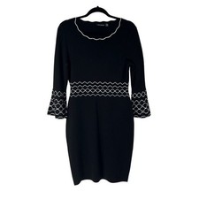 Nina Leonard Black Knit Scalloped Long Bell Sleeve‎ Sweater Dress Womens S LBD