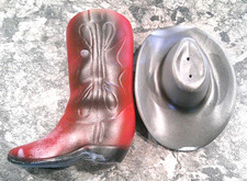 Red Ceramic Cowboy Boot and Grey Cowboy Hat Salt Pepper Shakers A-5