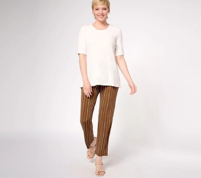 Susan Graver Regular Liquid Knit A-Line Top and Printed Ankle Pants Set Ivory To