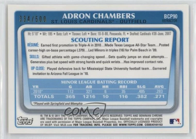 2011 Bowman Chrome Prospects Auto Refractor 334/500 Adron Chambers #BCP90 - Image 2 of 3