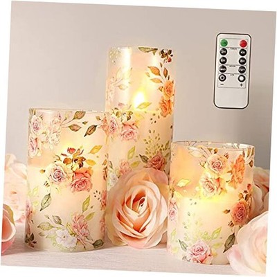 Pink Flameless Candles with Remote Timer, Flickering Glass Candles, Pink Rose