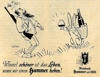 Advertising/Advertising 1956:...WHEN WE LIFT A HAMMER! CARTOON BRANDY HAMMER