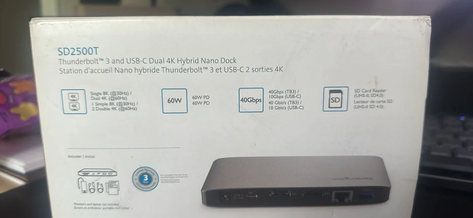 Kensington SD2500T Thunderbolt 3 y Estación de Acoplamiento USB-C Doble 4K 60W PD Nuevo Foto 3 de 3
