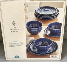The Pioneer Woman Colette Scallop Blue 12-Piece Stoneware Dinnerware Set Durable