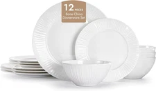 Bone China Dinnerware Set, 12-Piece White Lightweight Porcelain with Textured De