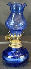 Vintage Miniature Cobalt Blue Glass Oil Lamp 3 7/8" Tall