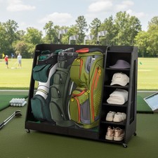47''Wooden Golf Rack w/3 Bag Club Holder, Ball Shoe Organizer, Heavy Duty Black