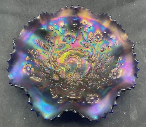 WONDERFUL VINTAGE CARNIVAL BLUE  NORTHWOOD GOOD LUCK RUFFLED BOWL BLUE HIGHLITES